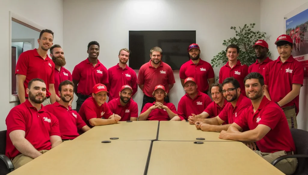 several company men posing next to large table