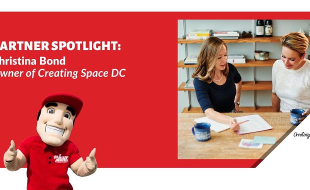 Red graphic featuring Christina Bond, owner of Creating Space DC, with photo of her and another woman at a table