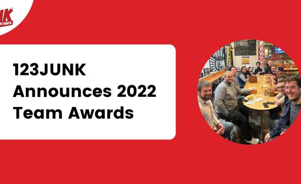 A red graphic reads 123JUNK Announces 2022 Team Awards beside a photo of people at a restaurant table