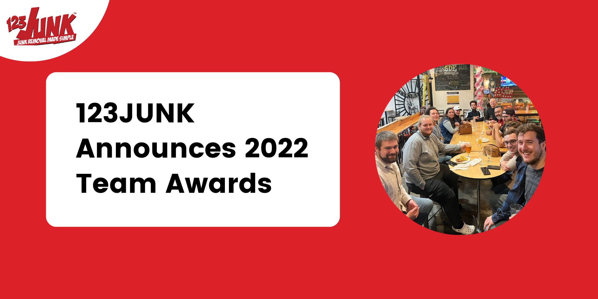 A red graphic reads 123JUNK Announces 2022 Team Awards beside a photo of people at a restaurant table