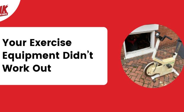 Graphic of Your Exercise Equipment Didn’t Work Out with a photo of an old stationary bike on a brick patio