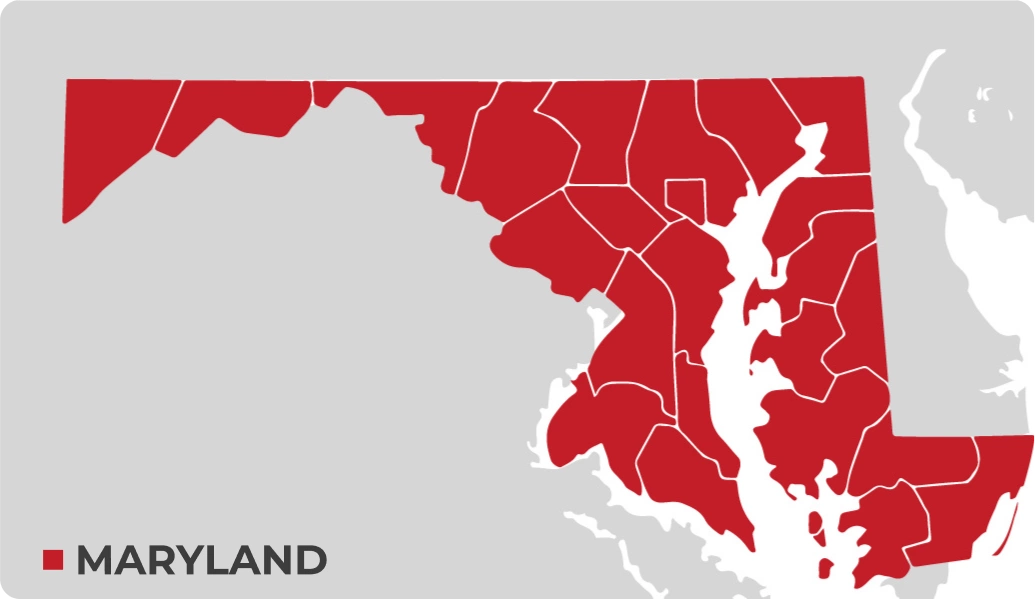 Map of Maryland with counties highlighted in red against a gray background and the label &ldquo;Maryland&rdquo; in the corner