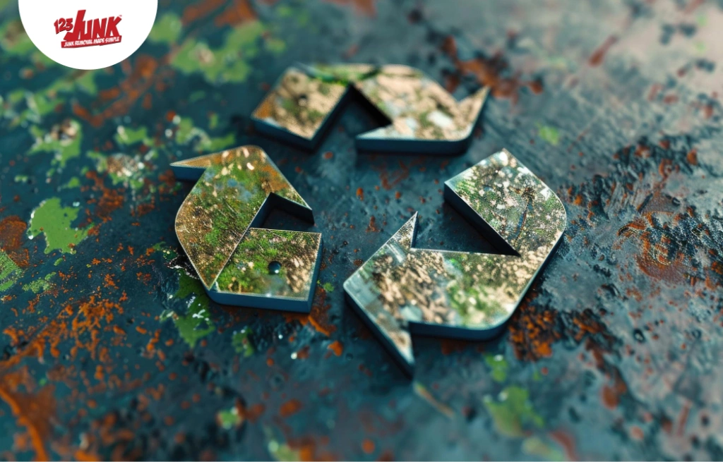 Metal recycling symbol on a weathered, multicolored surface with green and brown tones