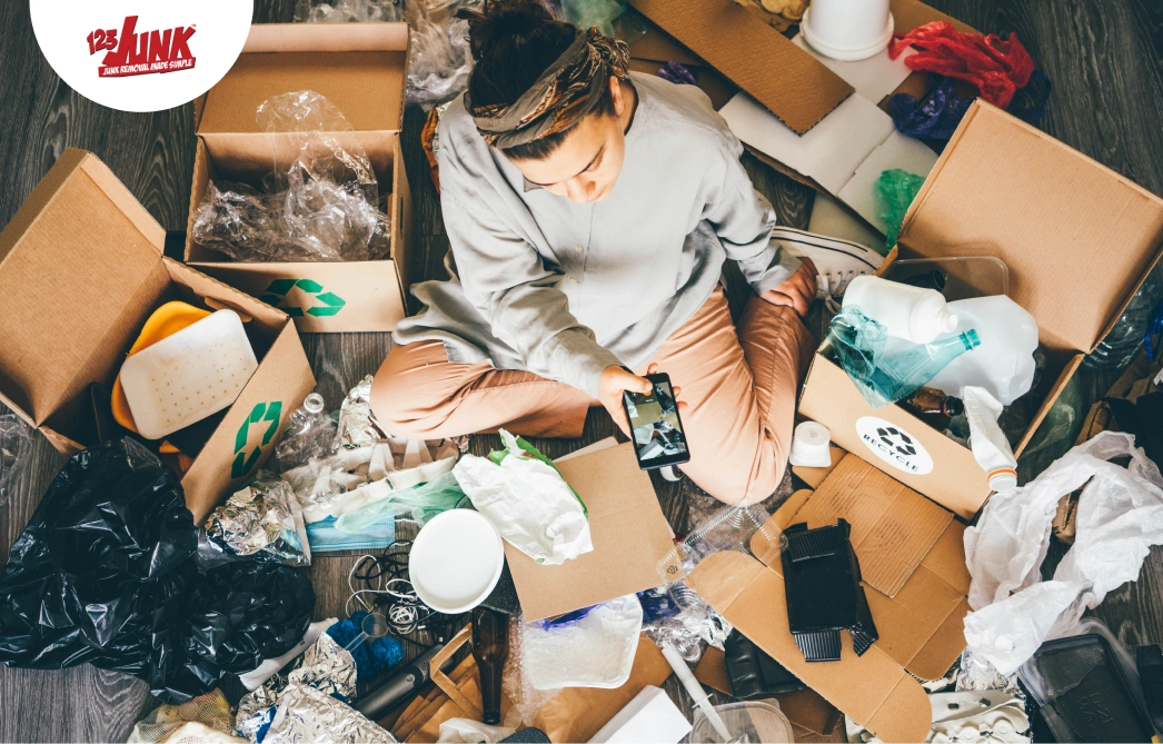 Woman sitting on the floor surrounded by clutter, sorting through various items and trash