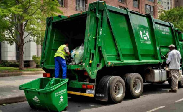 Junk Removal Worker Loading Dump Truck