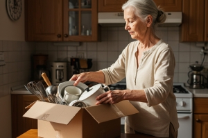 Elderly woman packing kitchen items in box for home downsizing