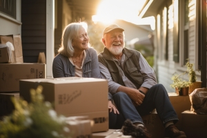 Senior couple moving boxes for downsizing their home