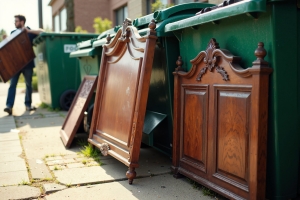 Person Placing Old Furniture Near Large Green Garbage Containers