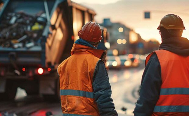 Junk Removal and Recycling Workers Standing Near Garbage Truck