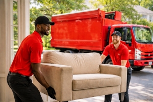 Junk Removal Worker Carrying Old Sofa