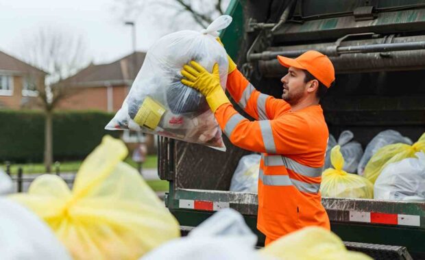 Junk Removal Worker Loading Trash Bags Into Truck