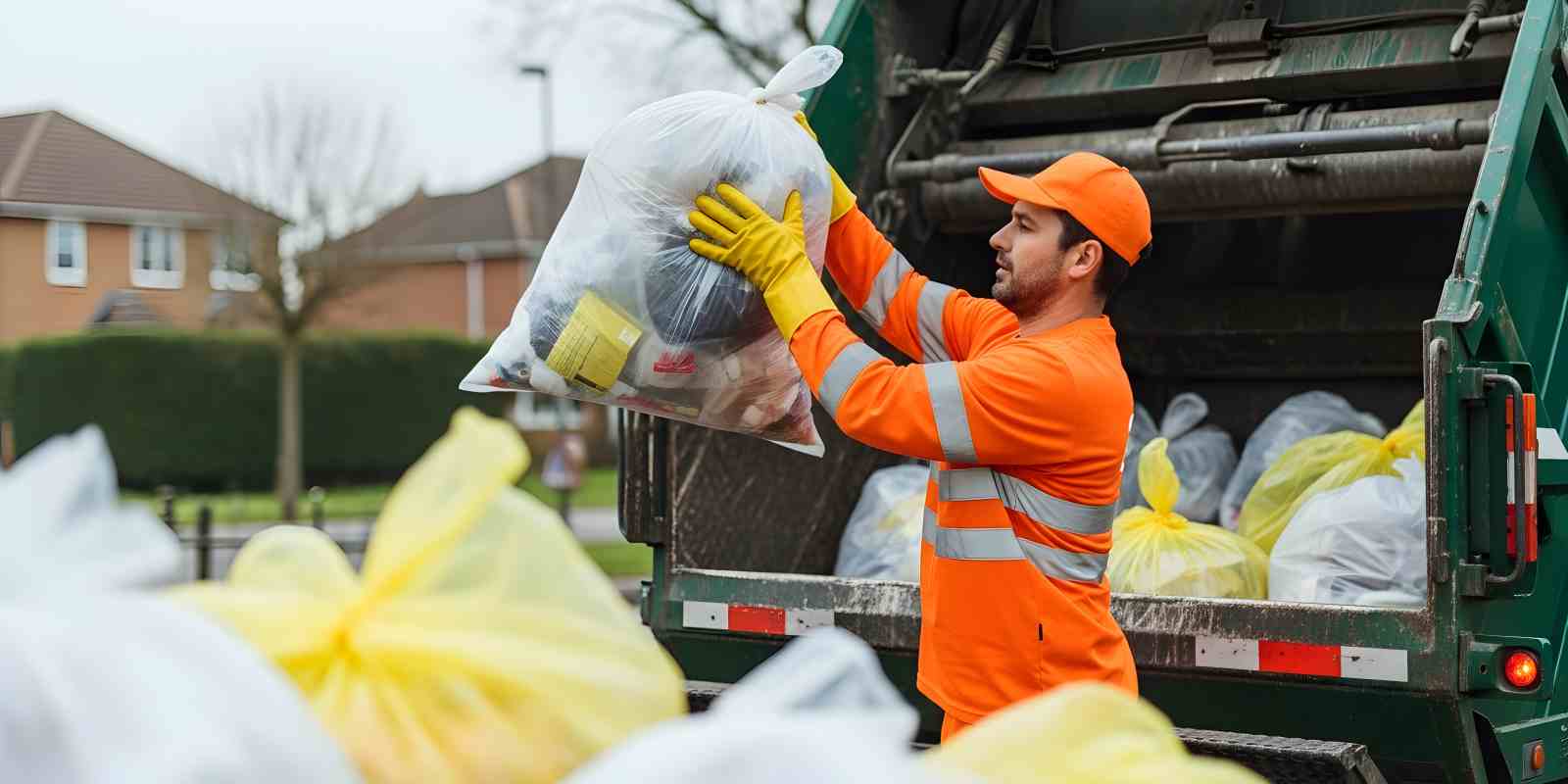 Junk Removal Worker Loading Trash Bags Into Truck