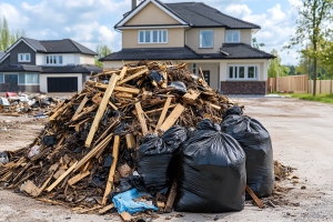 Construction Debris Gathered in Front of House For Junk Removal