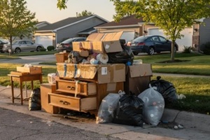 discarded possessions piled high on the street in a suburban neighborhood