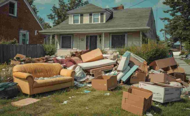 Residential House Front Yard Overflowing with Junk for Removal