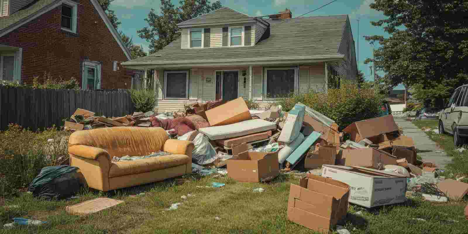 Residential House Front Yard Overflowing with Junk for Removal