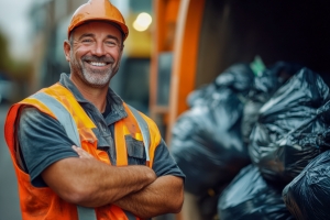 Smiling Junk Removal Worker Standing Near Loaded Garbage Truck