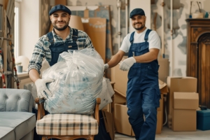 Two Junk Removal Workers Removing Trash and Furniture from House Basement