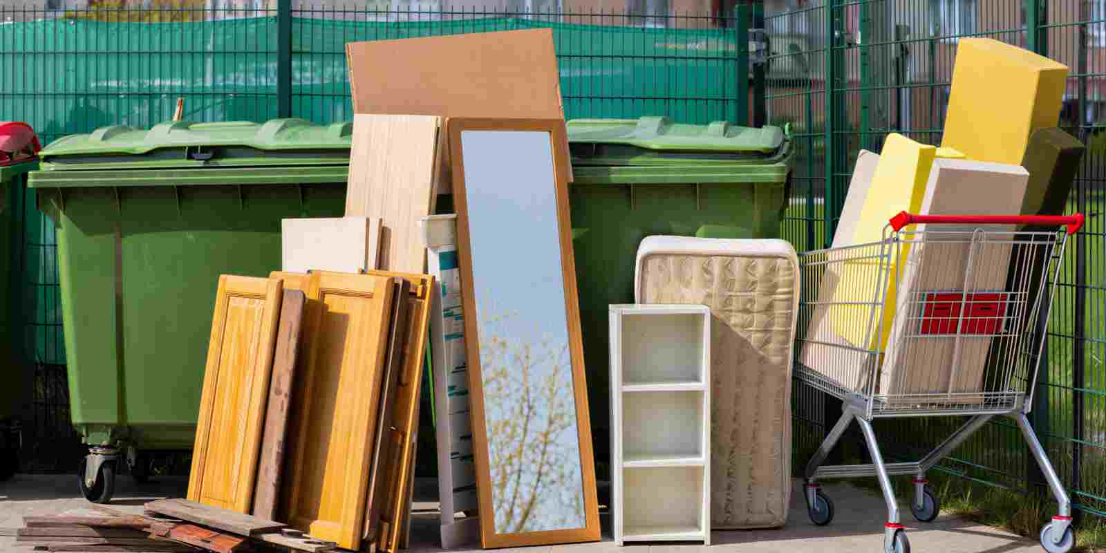 Bulky Household Items Stacked Near Outdoor Trash Bin