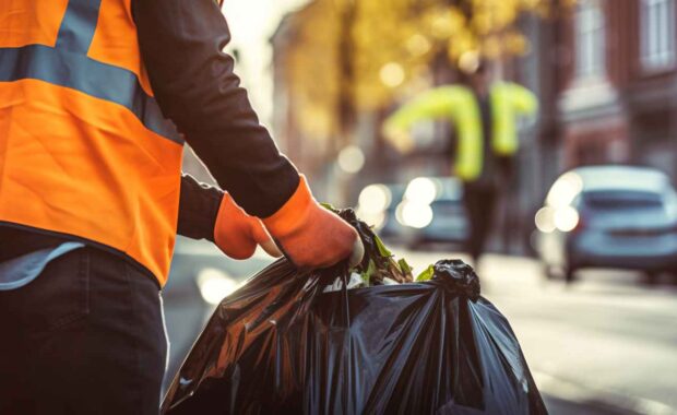 Junk Removal Worker Picking Up Black Garbage Bag