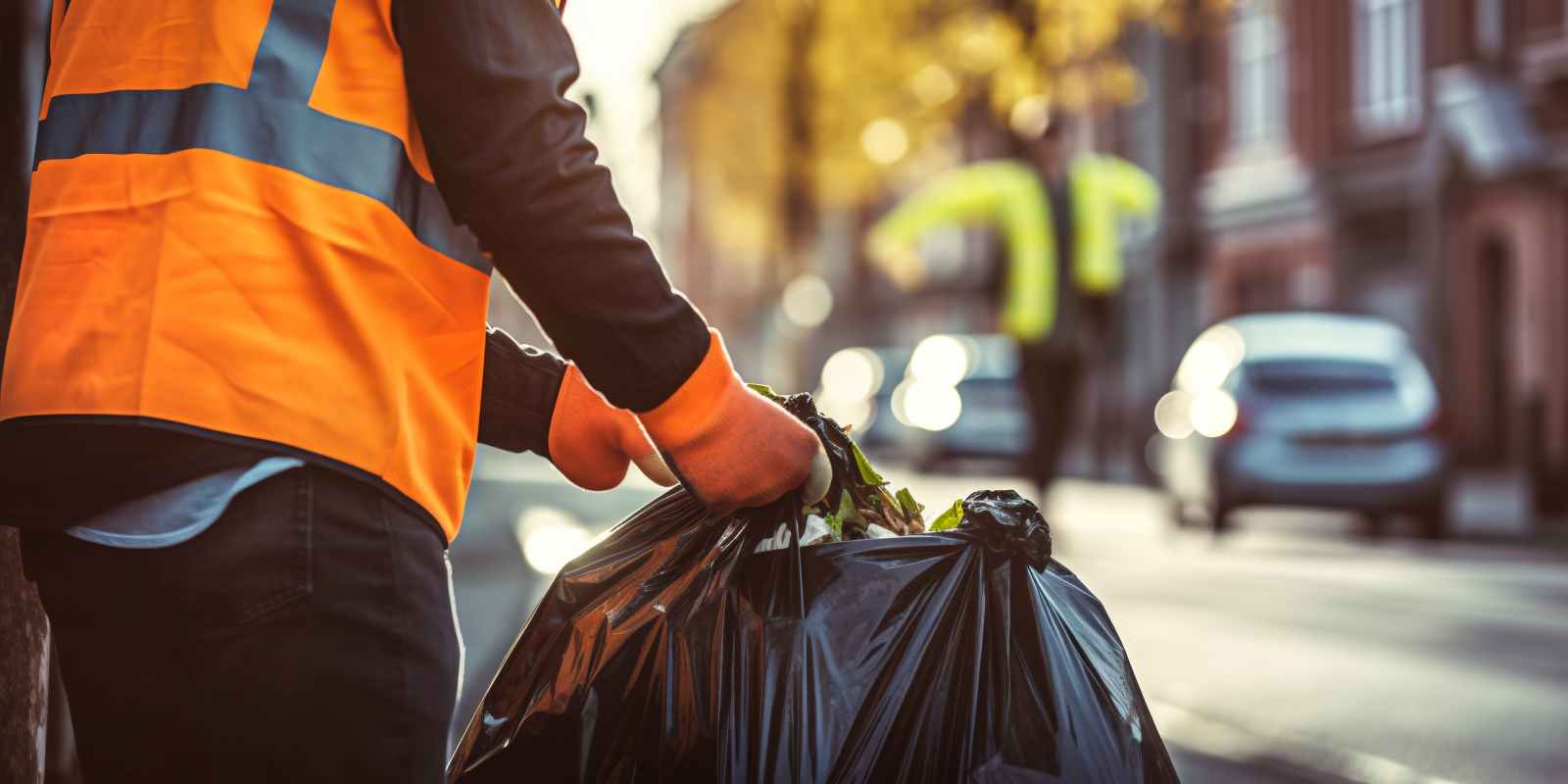 Junk Removal Worker Picking Up Black Garbage Bag