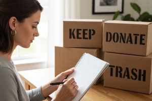 Woman Sorting Home Items into Keep Donate and Trash Boxes