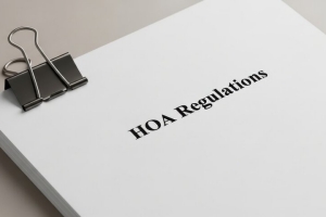 Document Titled HOA Regulations Clipped to a Surface with a Binder Clip