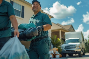 Junk Removal Workers Loading Clutter and Trash from a House to Truck