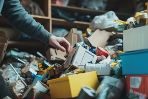 Person Sorting Items in Garage for Donation and Removal Before Selling House