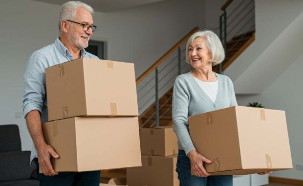 Senior Couple Carrying Boxes While House Downsizing