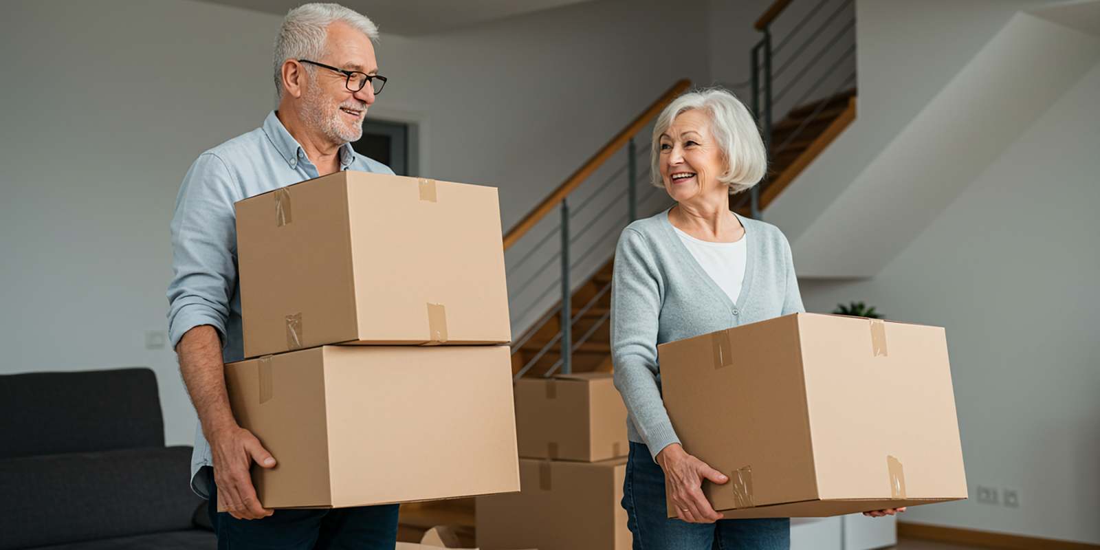 Senior Couple Carrying Boxes While House Downsizing