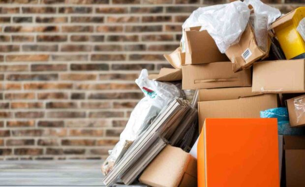 Stack of Cardboard Boxes and Recycling Waste Disposal Outside Fairfax Home