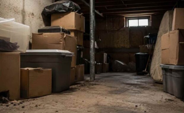 Cluttered Basement with Boxes and Debris