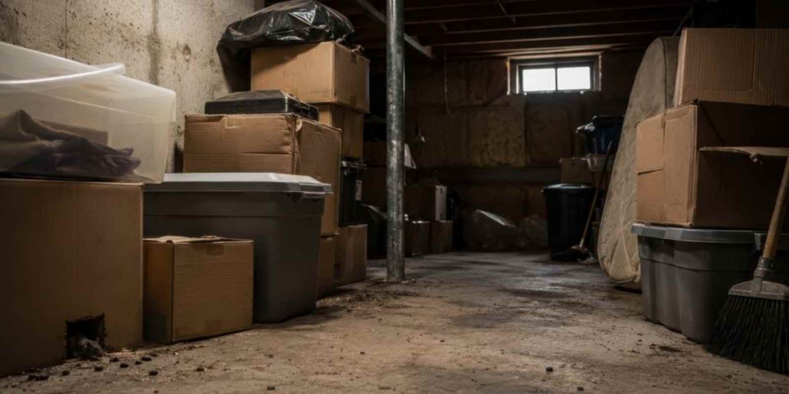 Cluttered Basement with Boxes and Debris