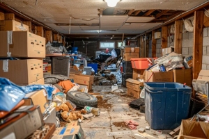 Cluttered Basement with Boxes Debris and Damaged Interior