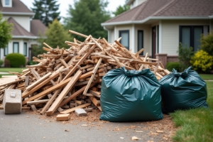 Construction Debris and Trash Bags on Driveway for Junk Removal Truck
