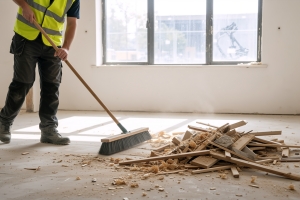 Junk Removal Worker Cleaning Wooden Debris on a Renovation Site