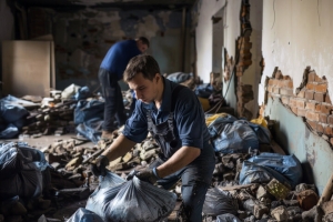 Junk Removal Workers Clearing Debris and Damaged Items from Basement