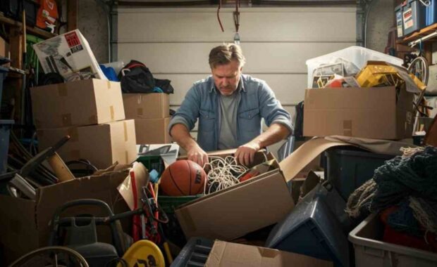 Northern Virginia Homeowner Organizing Cluttered Garage Full of Boxes and Items