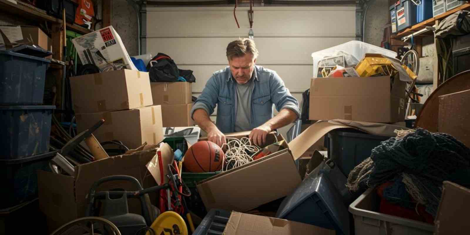 Northern Virginia Homeowner Organizing Cluttered Garage Full of Boxes and Items