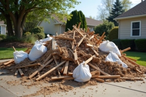 Pile of Construction Debris and Rubbish Bags on Driveway for Junk Removal Service