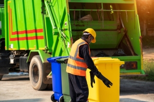 Professional Junk Removal Worker Emptying Garbage Bins in Dump Truck