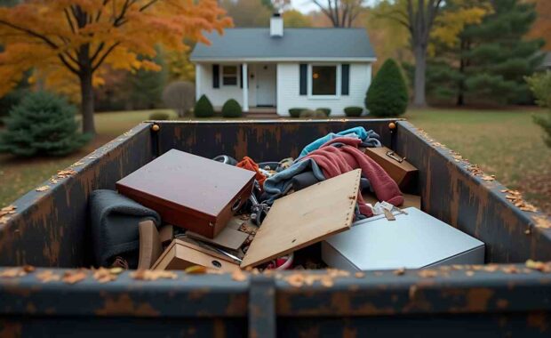 Residential Home with Dumpster Filled with Waste After Cleanout