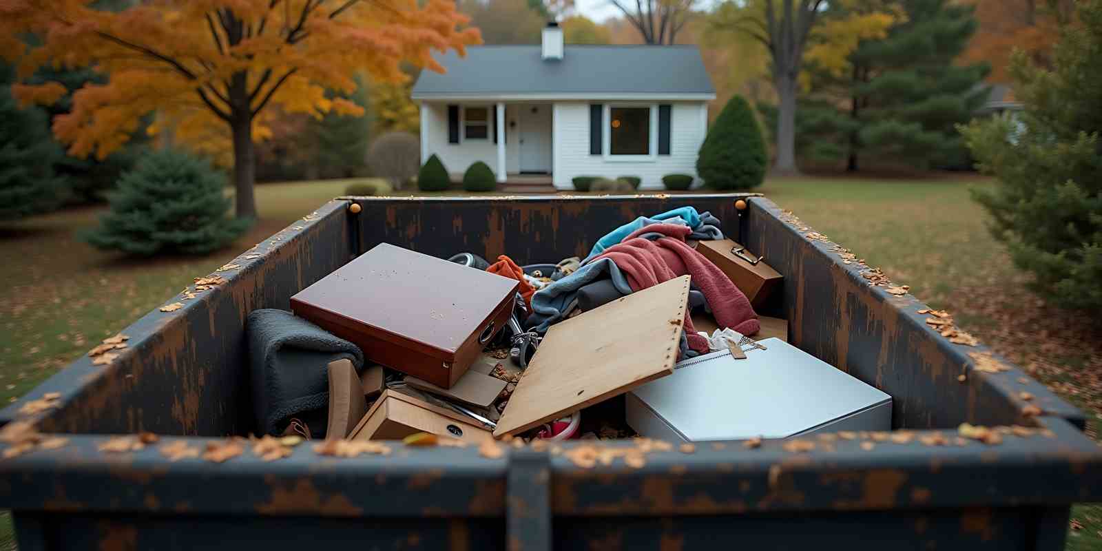 Residential Home with Dumpster Filled with Waste After Cleanout