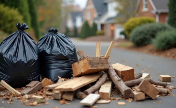 Wood Debris and Rubbish Bags Gathered at Driveway after Home Cleanout
