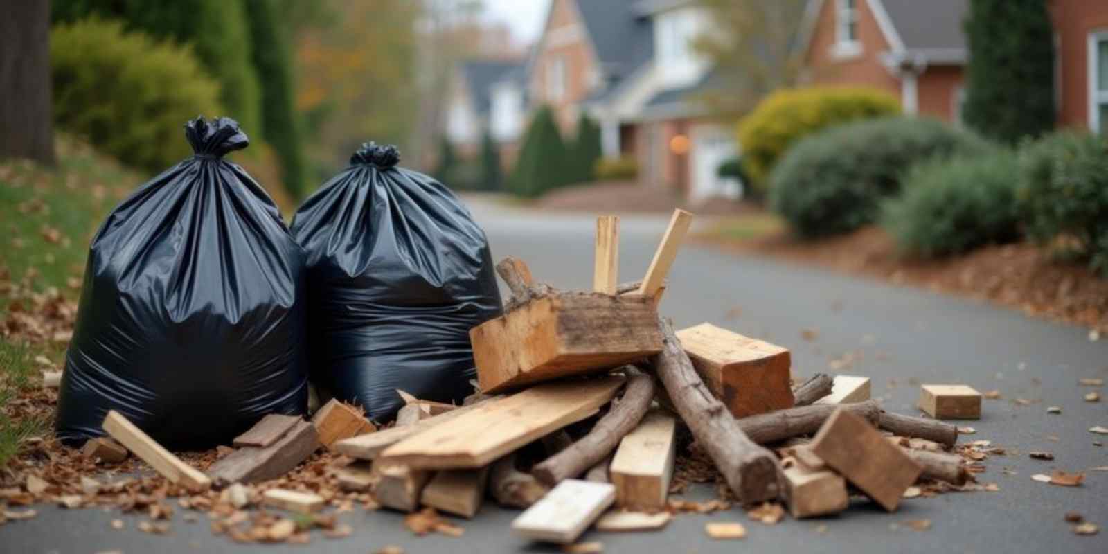 Wood Debris and Rubbish Bags Gathered at Driveway after Home Cleanout