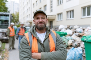 Workers Collecting Waste Near Apartment Building in DC