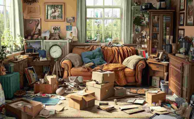 Cluttered Room with Lot of Garbage Items and Furniture