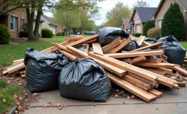 Construction Debris and Rubbish Bags Collected on Driveway after Property Cleanout