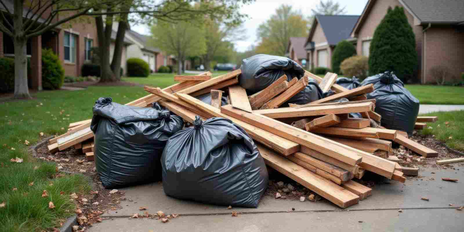 Construction Debris and Rubbish Bags Collected on Driveway after Property Cleanout